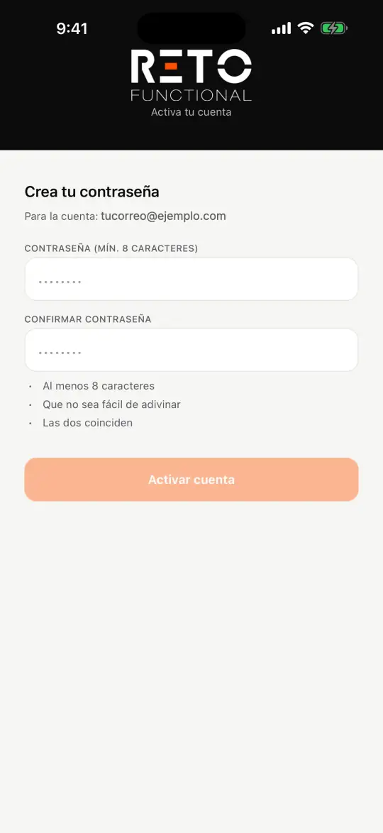 Pantalla Crea tu contraseña con los dos campos de contraseña y el botón Activar cuenta