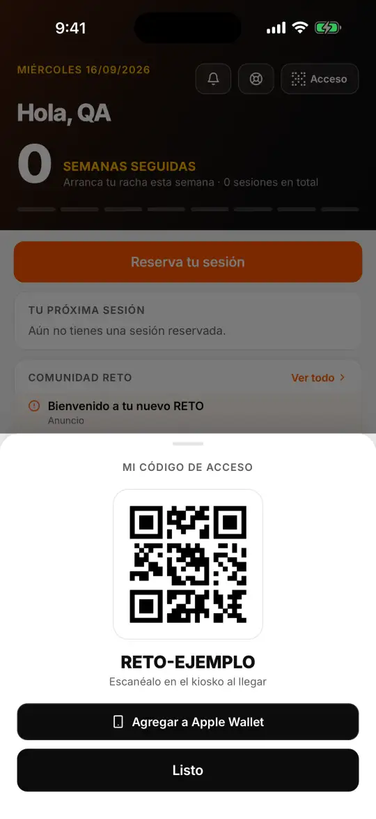 Panel Mi código de acceso con un código QR de ejemplo y el botón para agregarlo a Wallet
