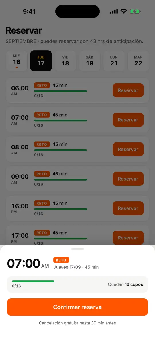 Panel de la clase de las 07:00 con los cupos disponibles y el botón Confirmar reserva