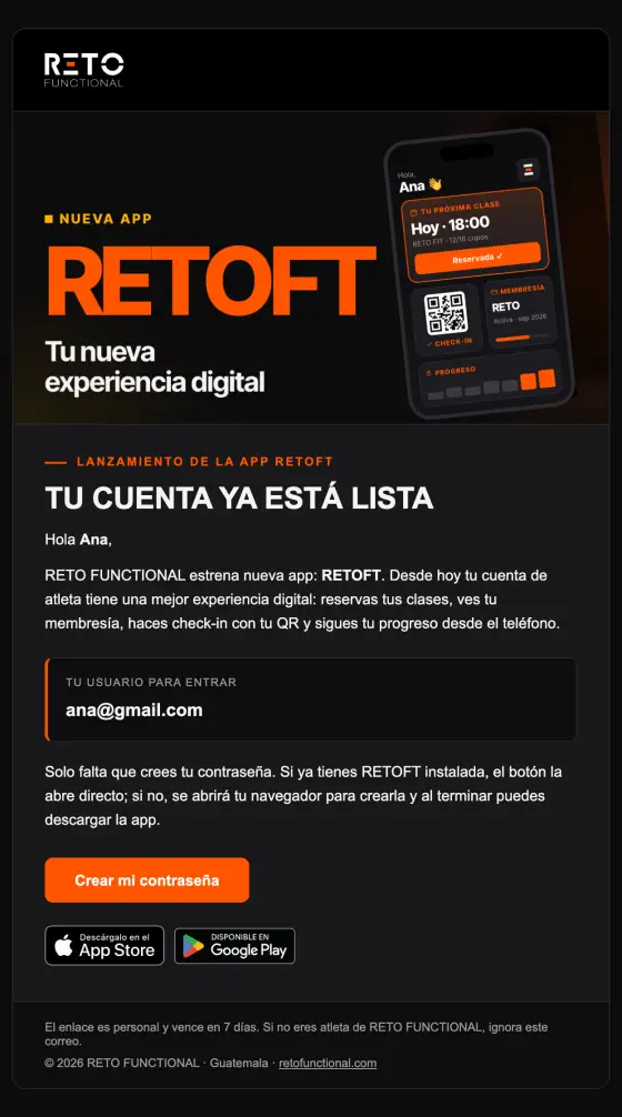 Correo «RETOFT ya está aquí» con tu usuario para entrar y el botón Crear mi contraseña