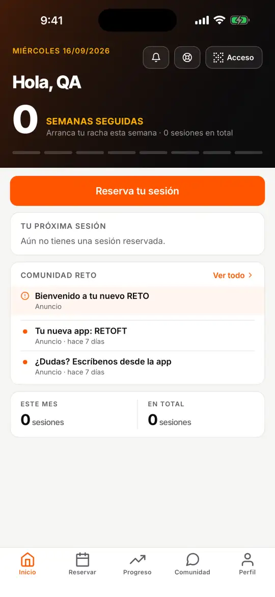 Pantalla Inicio con el botón Acceso arriba a la derecha