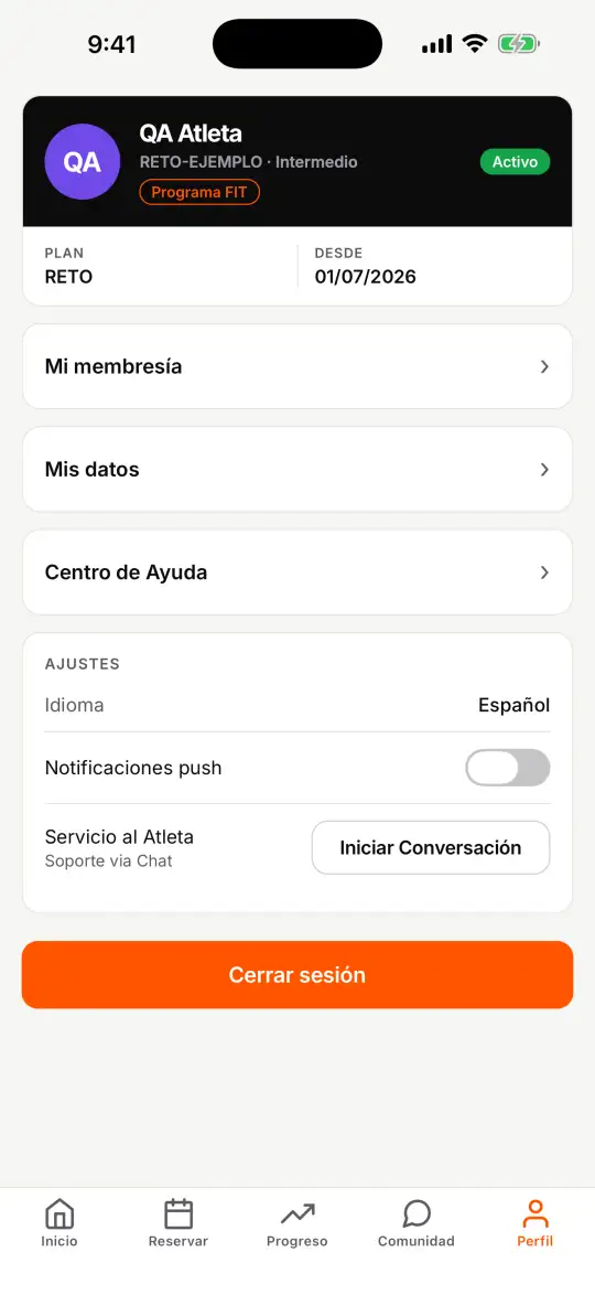 Pestaña Perfil con Servicio al Atleta y el botón Iniciar Conversación
