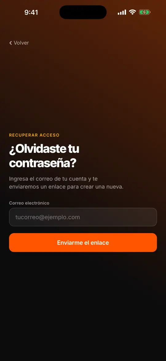 Pantalla ¿Olvidaste tu contraseña? con el campo de correo y el botón Enviarme el enlace